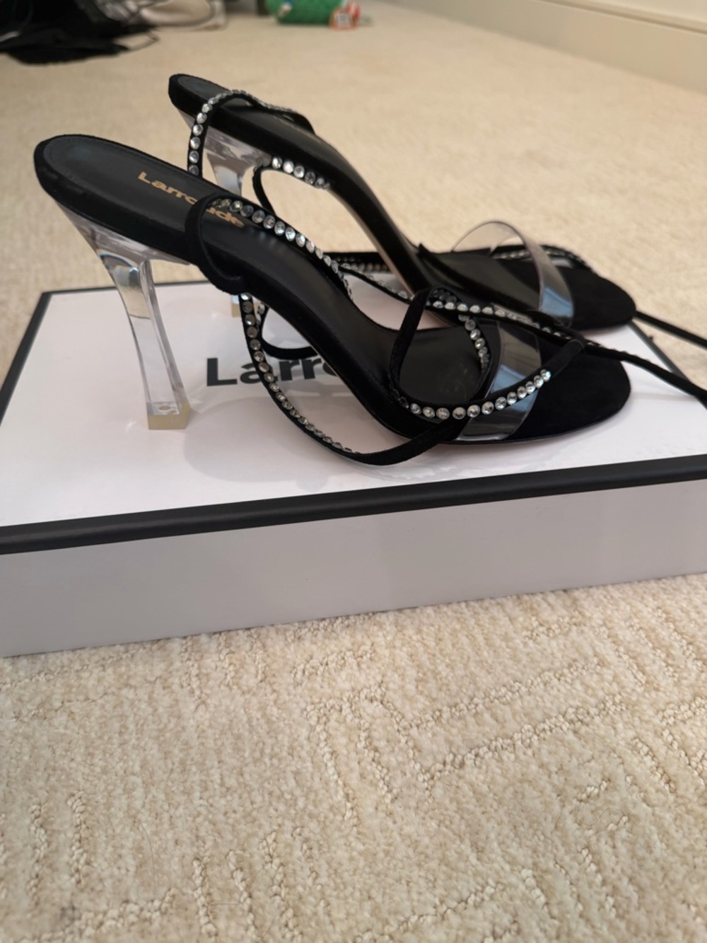 Larroude Black Rhinestone Clear-Heel Strappy Sandals